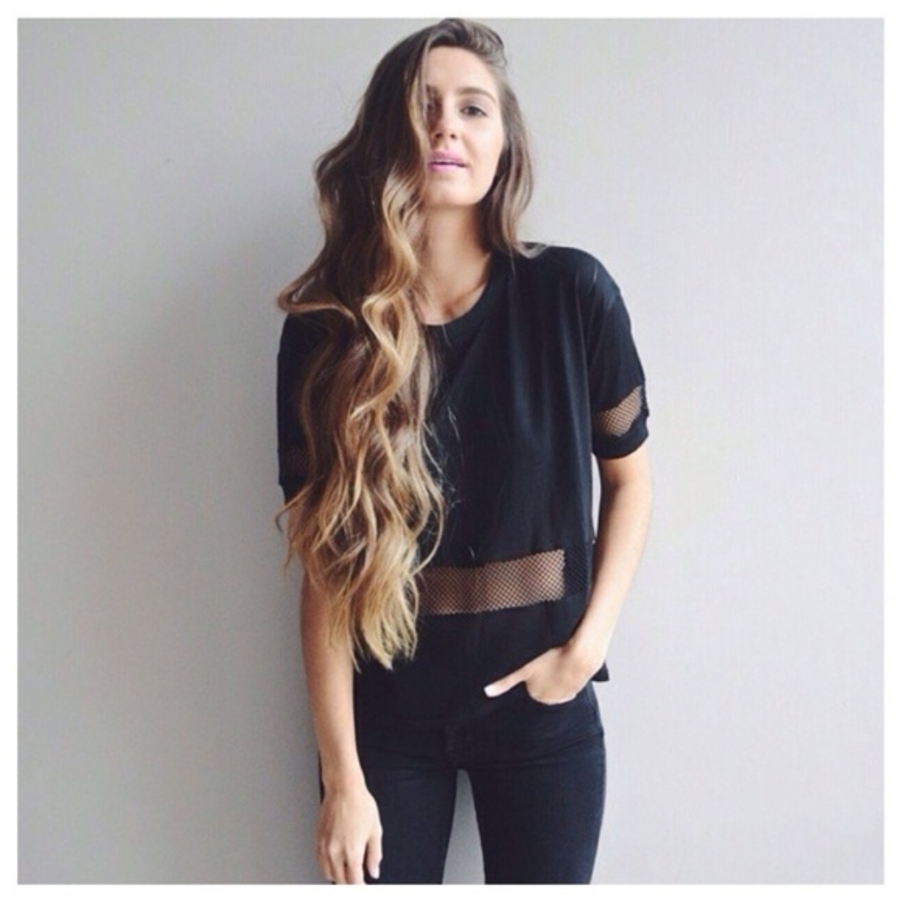 Brandy Melville black netted crop Womens Medium Short Sleeve Mesh T Shirt Tee